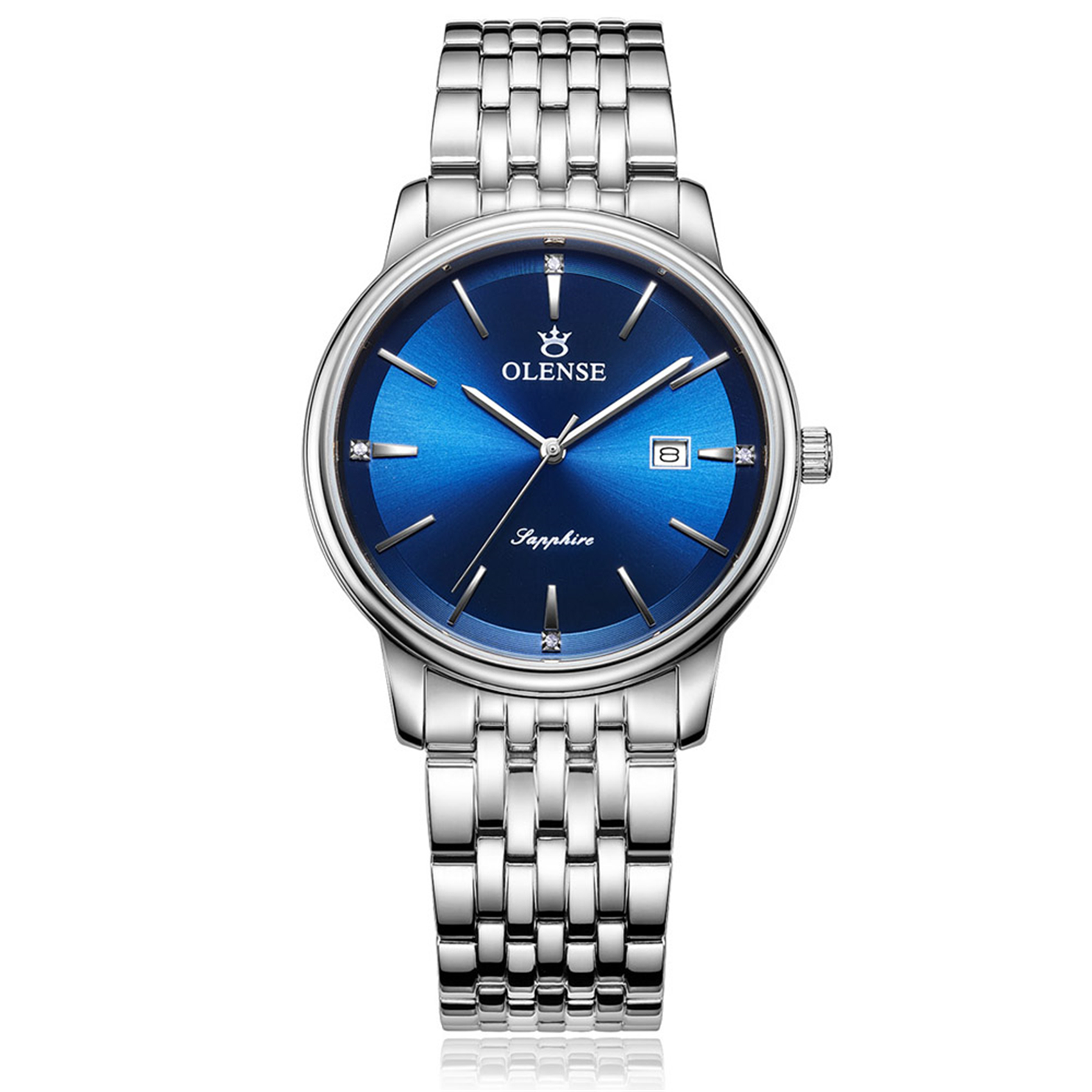 OLENSE - Classic Watch for Men, Diamond, Date, Bracelet, 40mm, Blue Dial