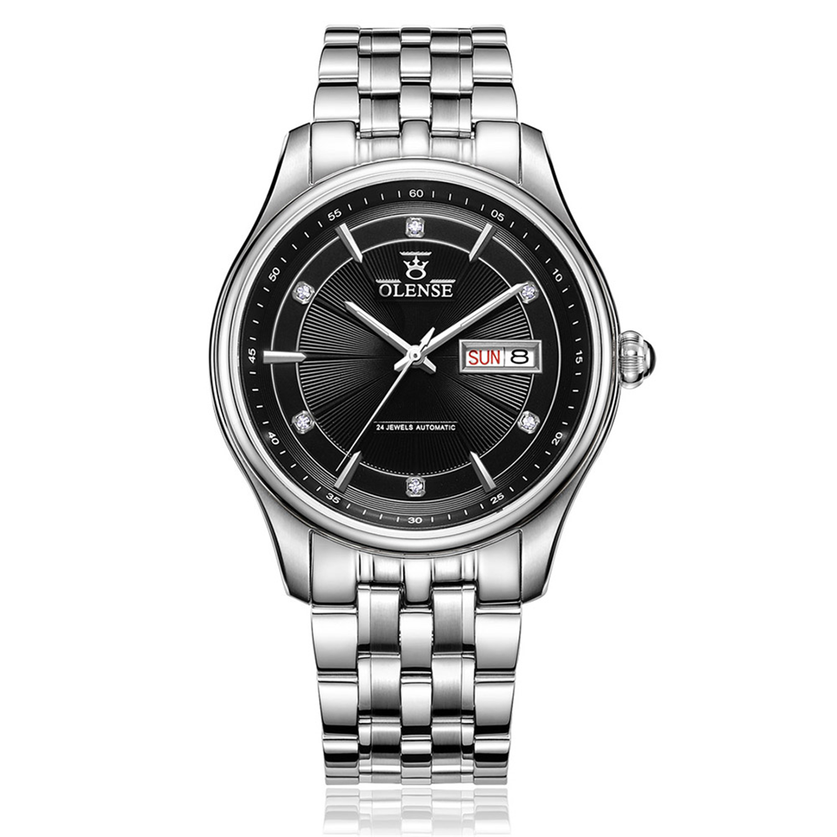 OLENSE - Dress Watch for Men, Automatic Mechanical, Diamond, Stainless Steel, 41mm, Silver & Black