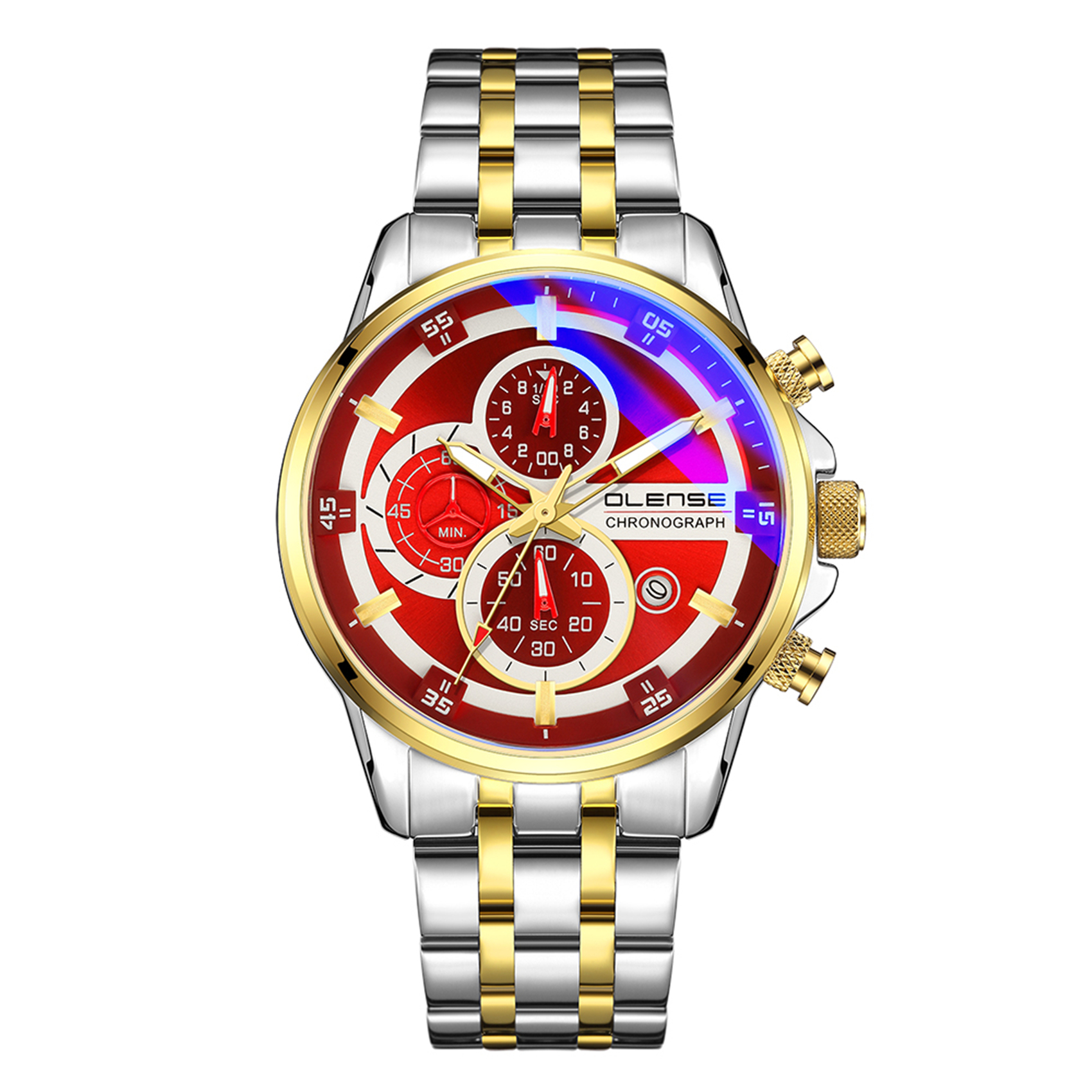 OLENSE - Sports Watch for Men,Chronograph, 47mm, Red Dial, Silver & Gold Band