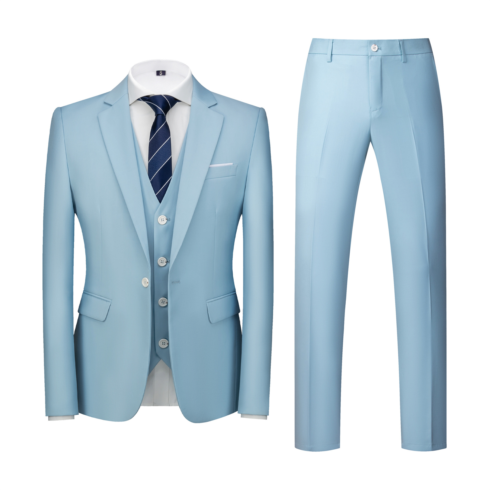 3 Piece Light Blue Suit for Men, Slim Fit (1 Button)