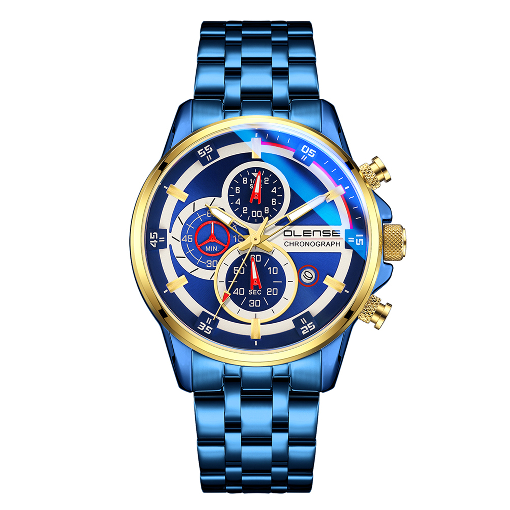 OLENSE - Sports Watch for Men,Chronograph, 47mm, Blue & Gold Dial, Blue Band