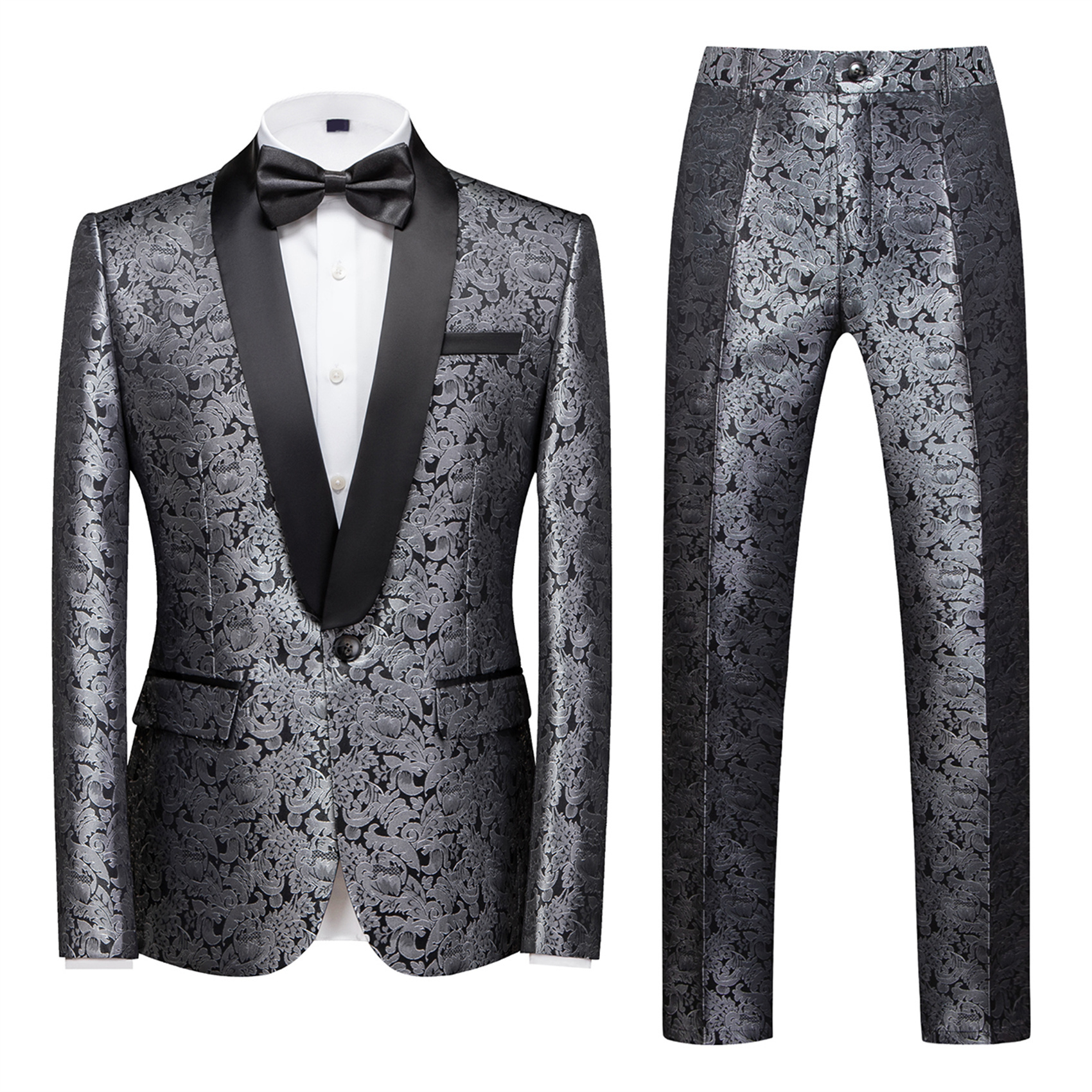 2 Piece Wedding Tuxedo for Men, Printed, Slim Fit, Silver