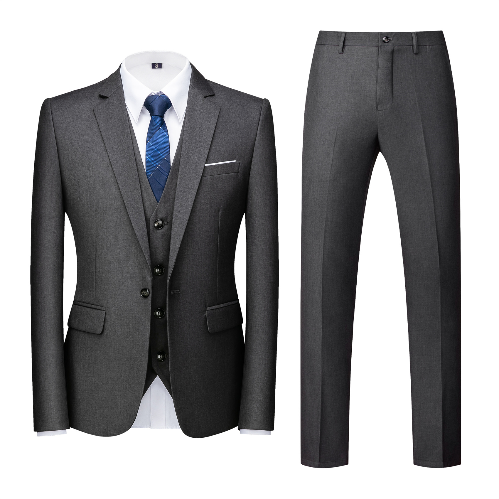 3 Piece Dark Grey Suit for Men, Slim Fit (1 Button)
