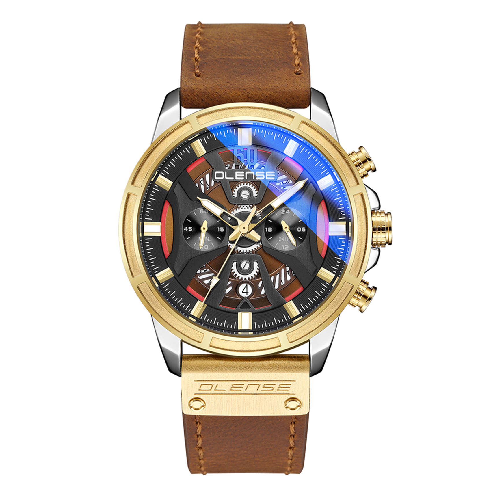 OLENSE - Sports Watch for Men, Quartz, Leather Band, Waterproof, 47mm, Analog Display, Gold & Brown