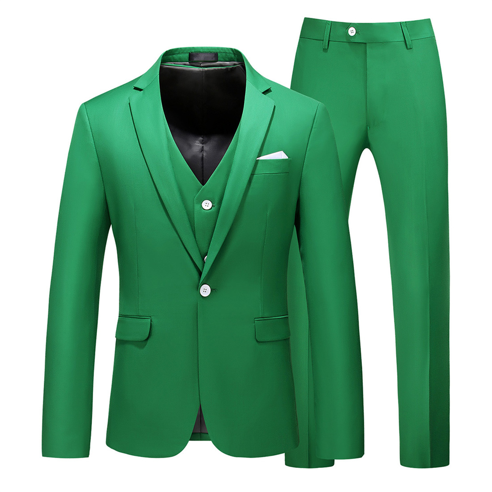 3 Piece Suit for Men, Plain, Green, Skinny (1 Button)