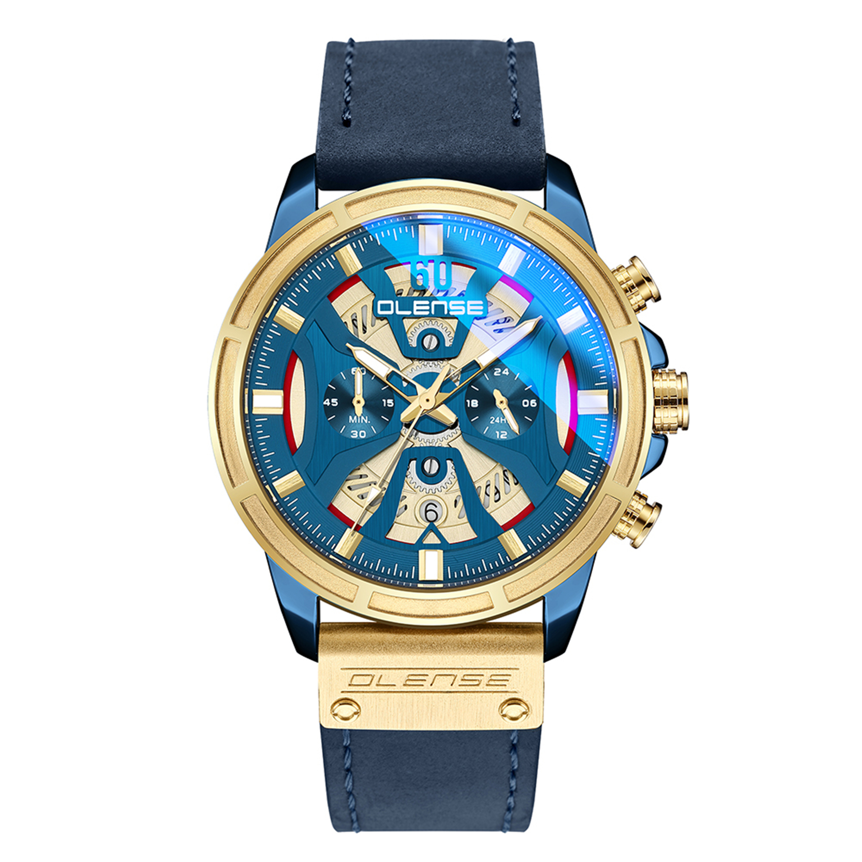 OLENSE - Sports Watch for Men, Quartz, Leather Band, Waterproof, 47mm, Analog Display, Gold & Blue