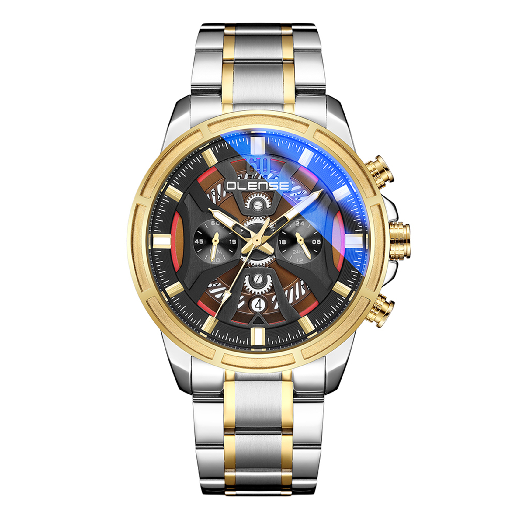 OLENSE - Luxury Watch for Men, Multi-functional, Quartz, Waterproof, 47mm, Gold & Silver & Black