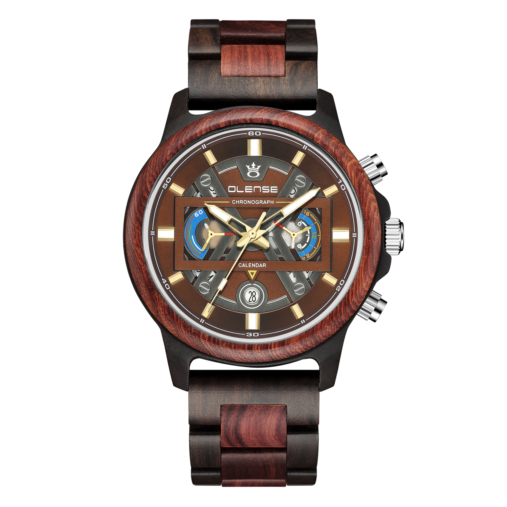 OLENSE - Wood Watch for Men, Chronograph Quartz, Handmade, 47mm, Red Sandalwood