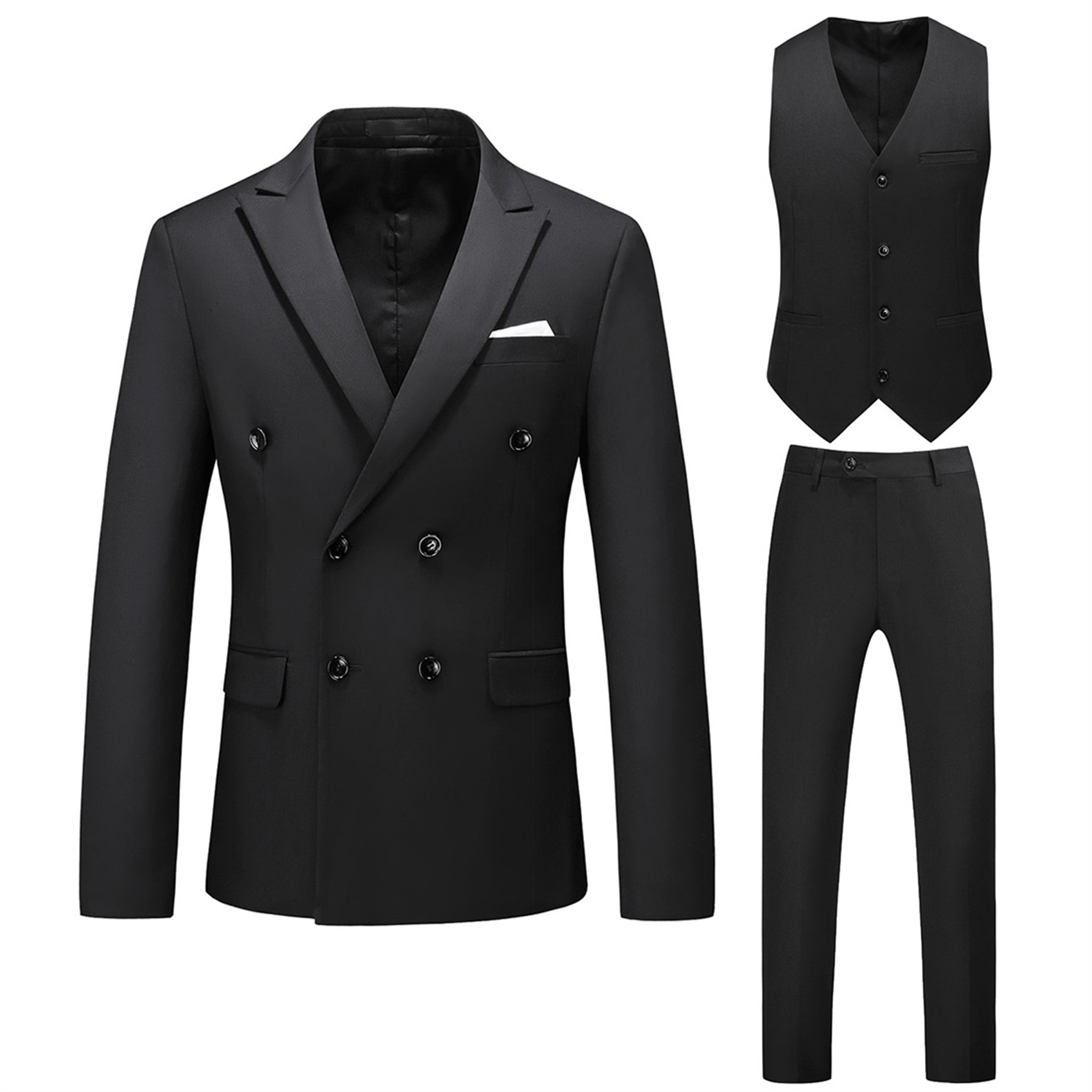 3 Piece Double Breasted Suit for Men, Slim Fit, Black
