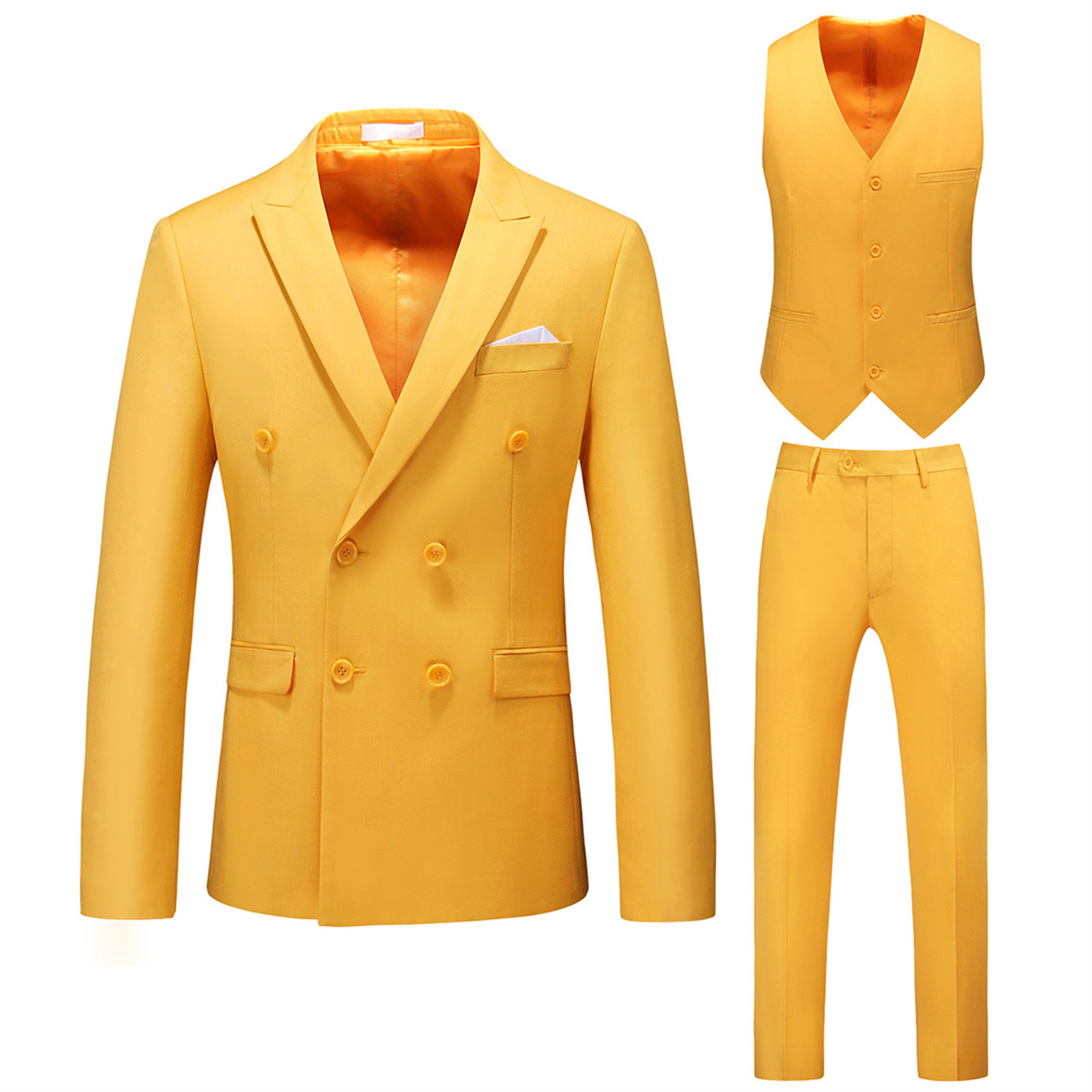 3 Piece Double Breasted Suit for Men, Slim Fit, Yellow