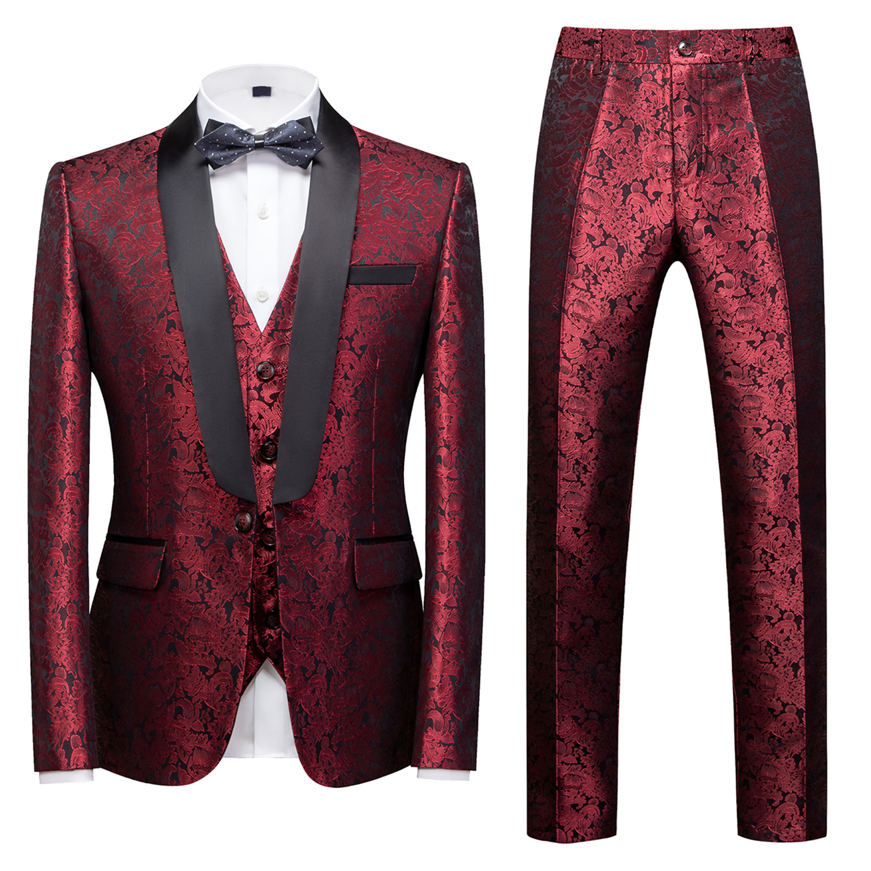 3 Piece Wedding Tuxedo for Men, Printed, Slim Fit, Wine Red