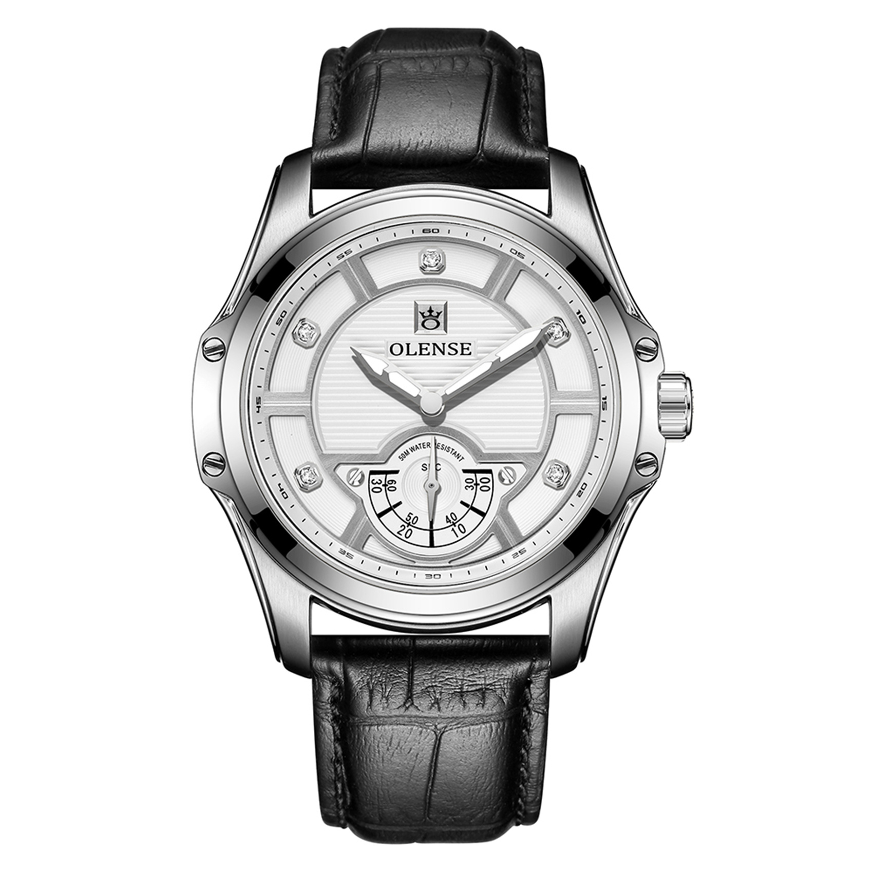 OLENSE - Men's Classic Watch, Quartz, Diamond, Leather Strap, 43.5mm, Silver Dial