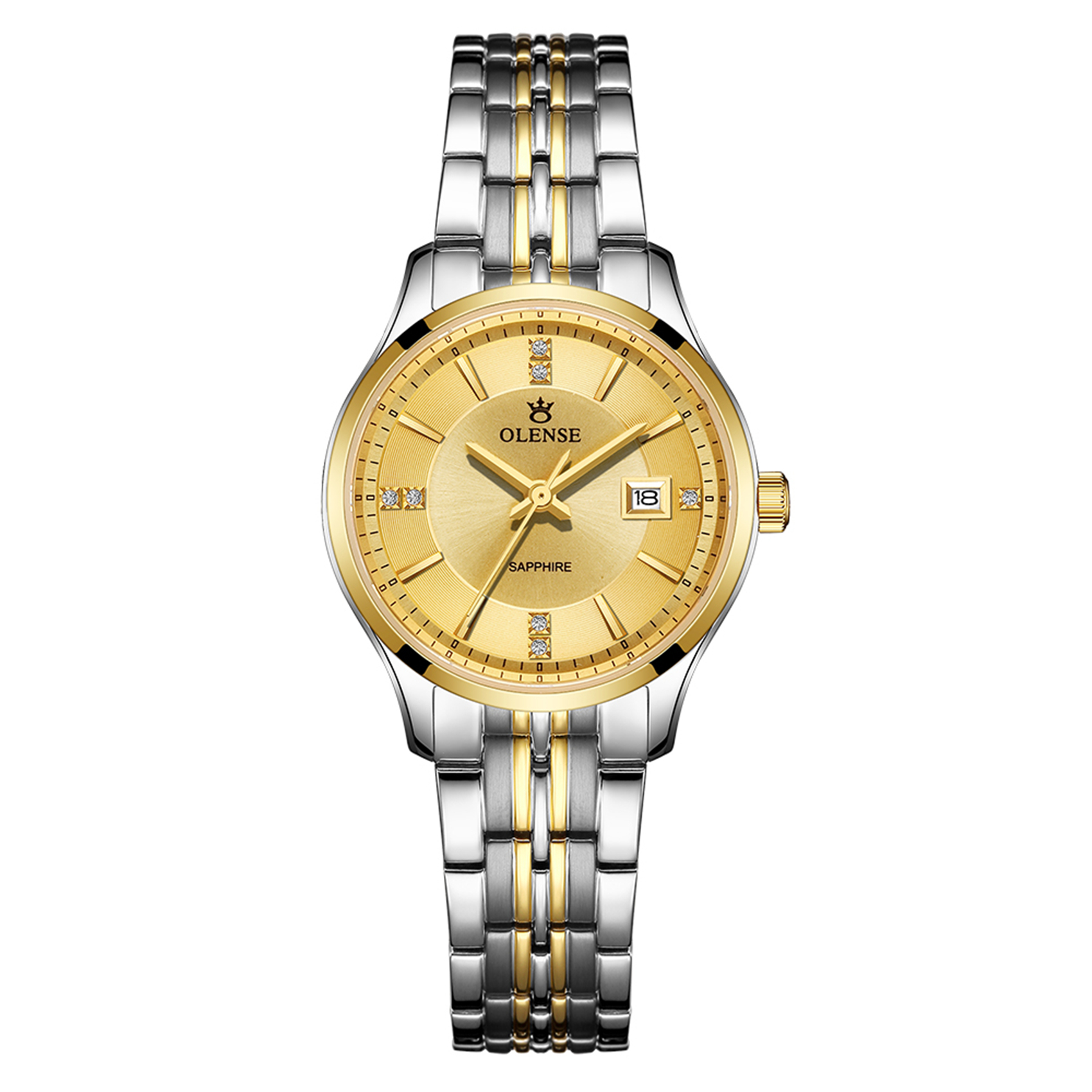 OLENSE - Luxury Dress Watch for Women, Diamond, Calendar, Quartz, Silver Bracelet, Gold Dial