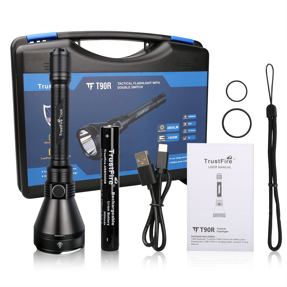 TrustFire T90R Kit Linterna Led Alta Potencia Profesional 4800 Lúmenes, Interruptor Dual, 1600 Metros Larga Distancia