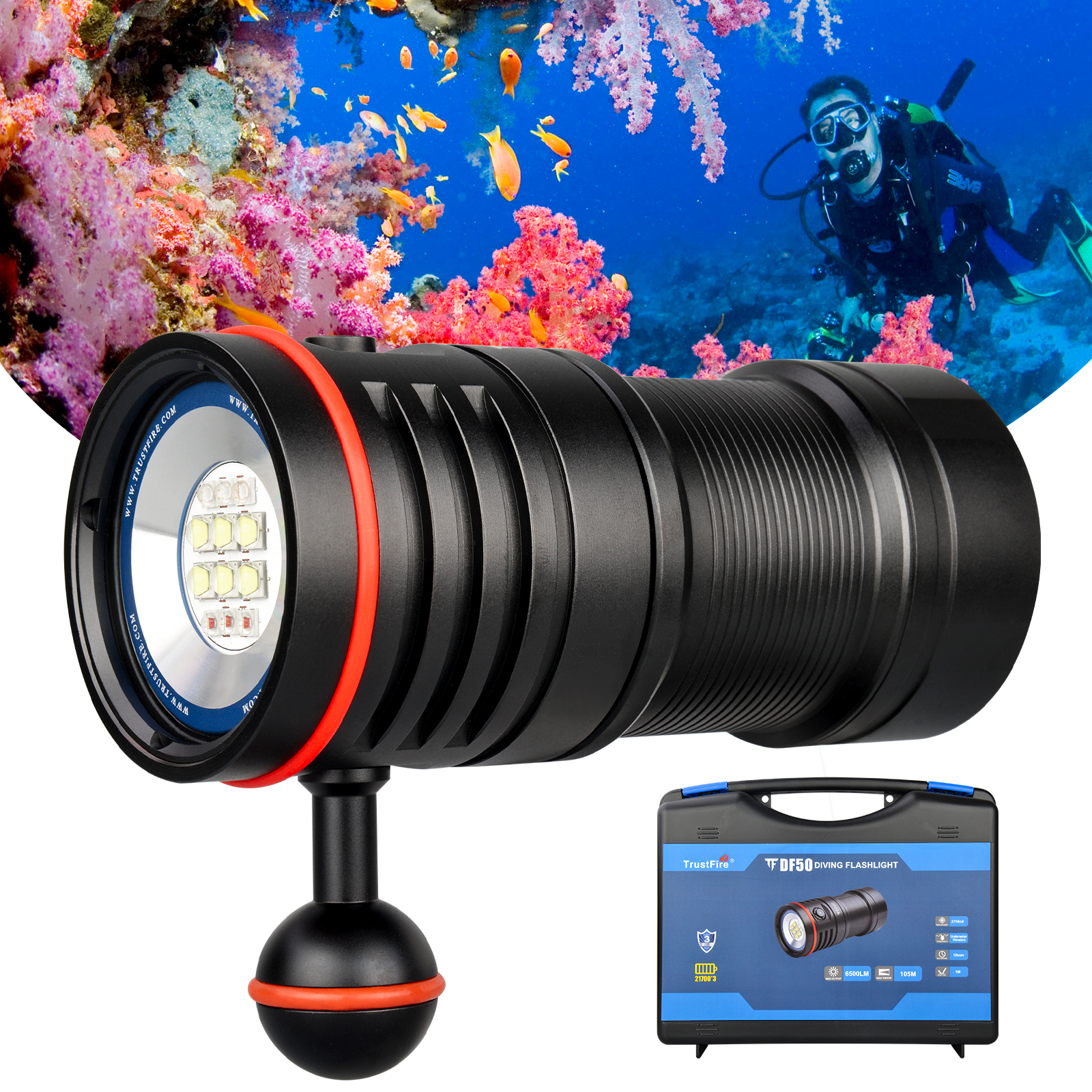 TurstFire DF50 Tauchlampe LED, 6500 Lumen LED Tauchlampe, IPX8 Wasserdicht Unterwasser Taschenlampe mit 1 * 5000mAh Trustfire Akkupack, Wasserdicht bis 70M Taucherlampe mit 4  Verschiedene LED-Typ für Fotografie