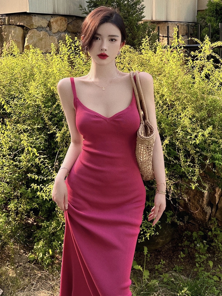 French rose halter dress waist-skimming long dress