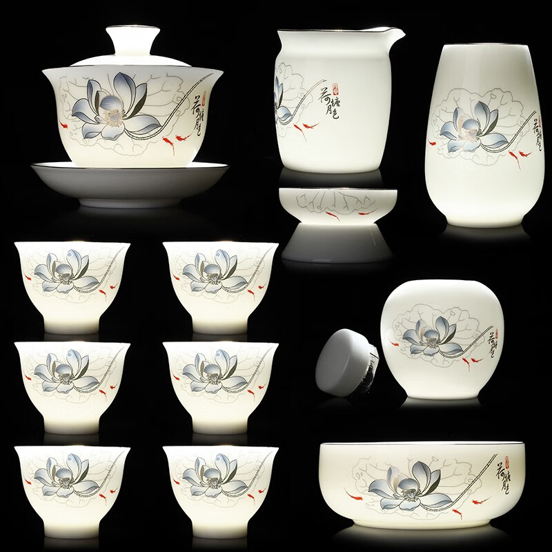 Sheep's fat porcelain kung fu tea set Hand-painted lotus pond moon cover bowl Pure white porcelain lotus pond moon tea set 14 heads