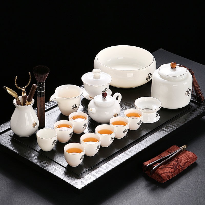  Lamb's Jade Tea Set Chinese Style Father's Day Gift Fu Ru An Kang 17 Piece Set