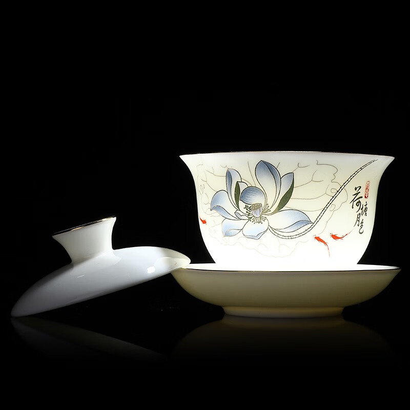 Sheep's fat porcelain kung fu tea set Hand-painted lotus pond moon cover bowl Pure white porcelain lotus pond moon tea set 14 heads