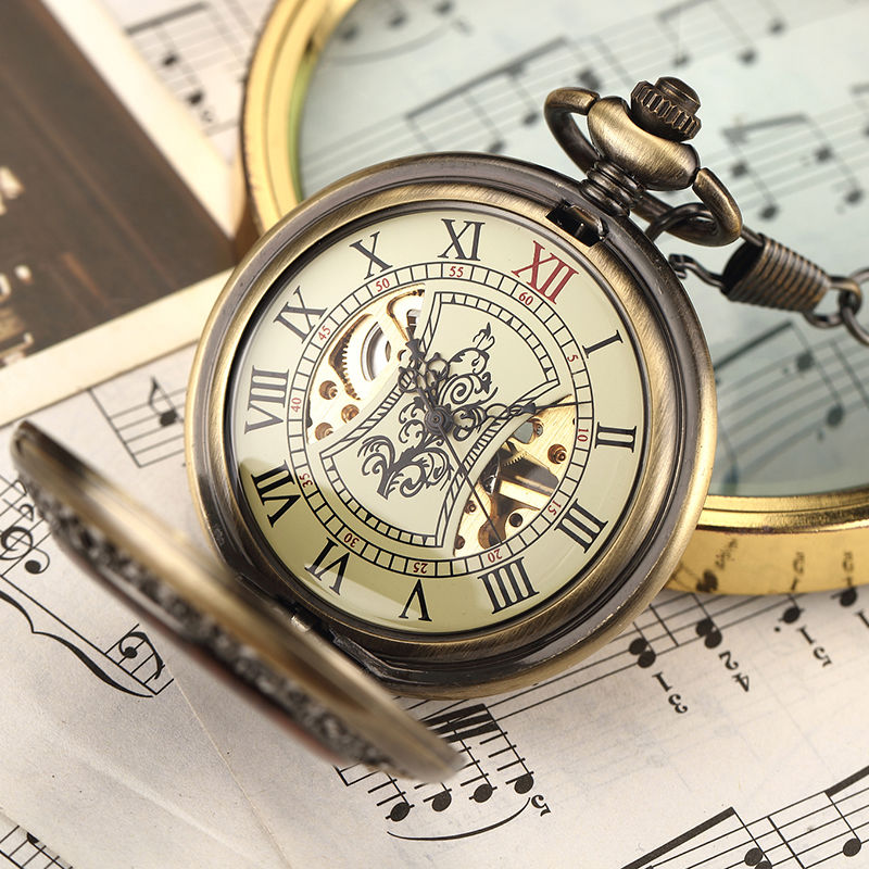 Men's mechanical pocket watch flip cover Roman classic double-sided skeleton manual mechanical pocket watch