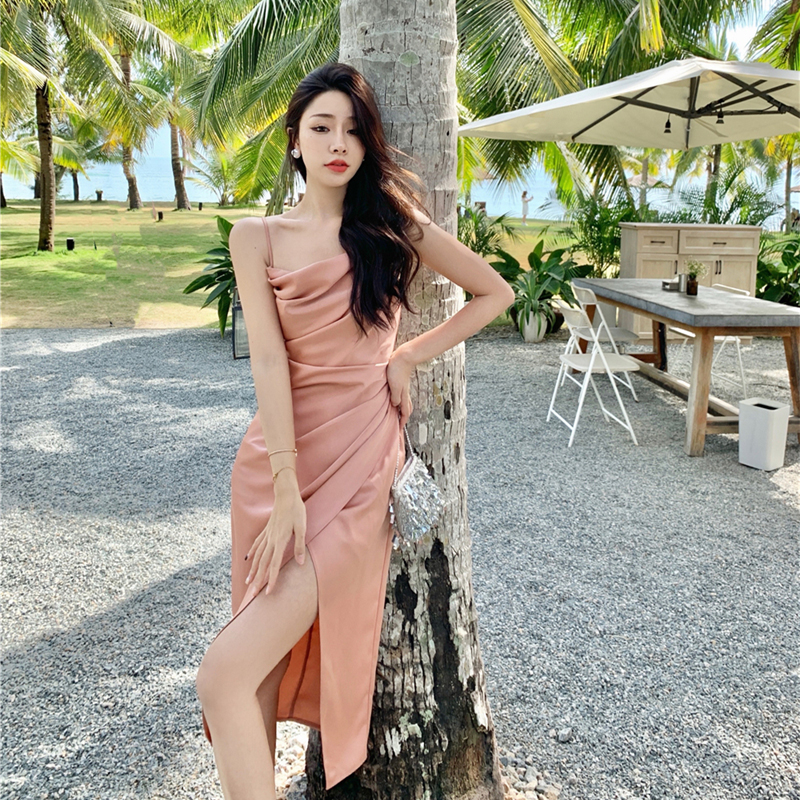 High sense of satin temperament French sexy pleated open halter long s