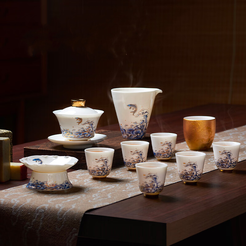 High-end sheep's-fat porcelain tea set Dehua white porcelain cups household guests gift boxed