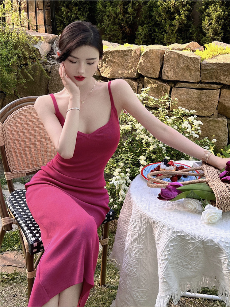 French rose halter dress waist-skimming long dress