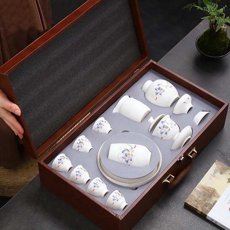 Sheep's fat porcelain kung fu tea set Hand-painted lotus pond moon cover bowl Pure white porcelain lotus pond moon tea set 14 heads