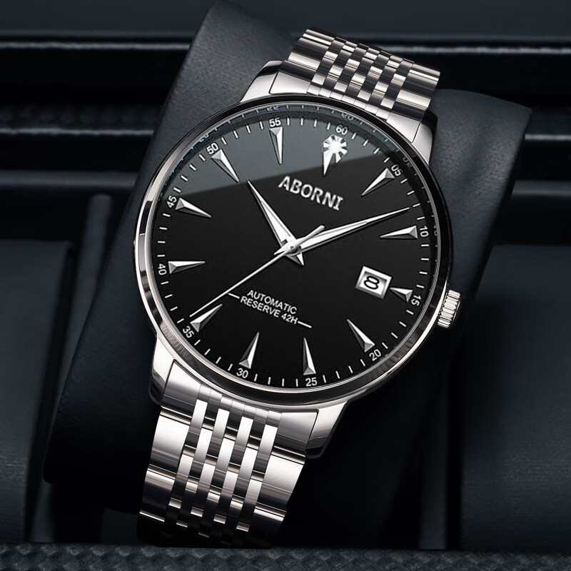 Men's Watch Mechanical Style Swiss Quality Luminous Waterproof Steel Case Black Face Silver Spikes Father's Day Gift