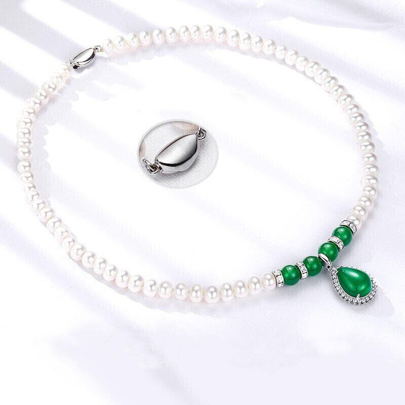 Pearl necklace for mom round freshwater pearls for mother's day gift green onyx + natural pearls