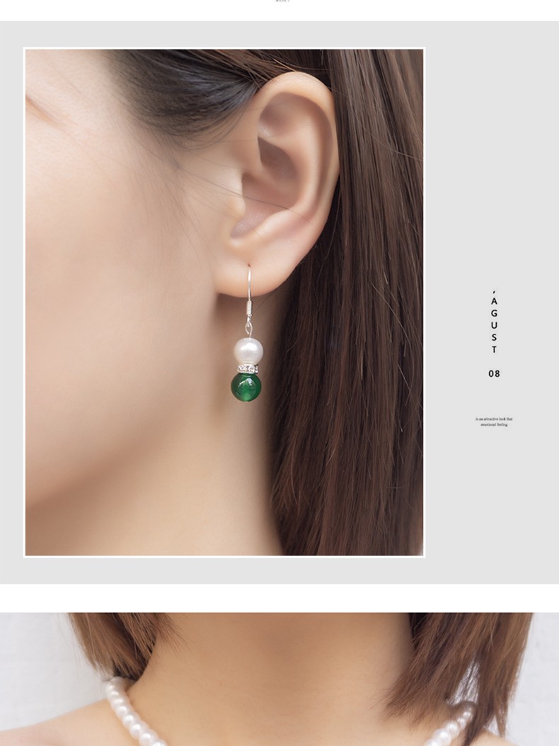 Pearl necklace for mom Gift for mom Green onyx + natural pearls + earrings Three pieces set gift box