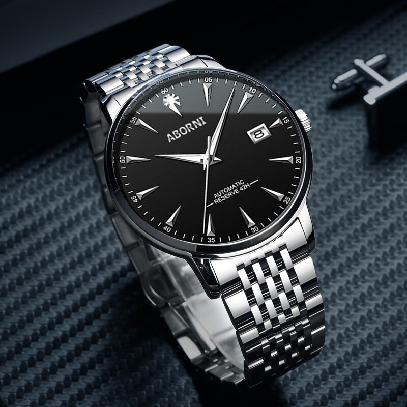 Men's Watch Mechanical Style Swiss Quality Luminous Waterproof Steel Case Black Face Silver Spikes Father's Day Gift