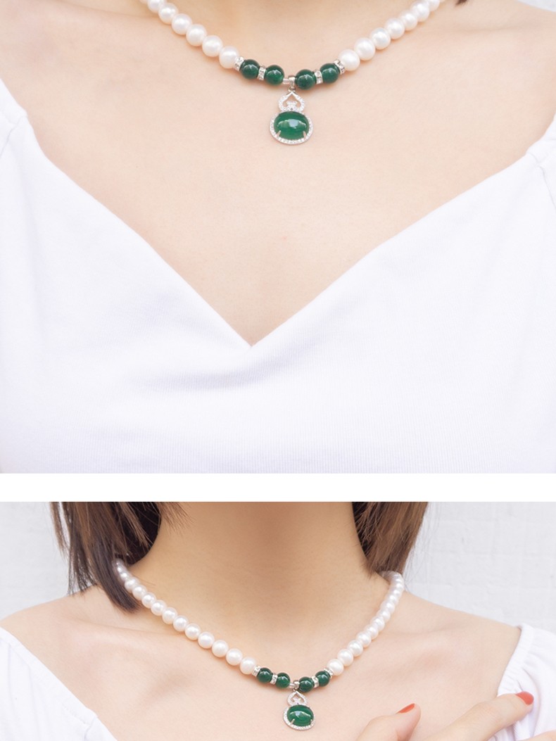 Pearl necklace for mom Gift for mom Green onyx + natural pearls + earrings Three pieces set gift box