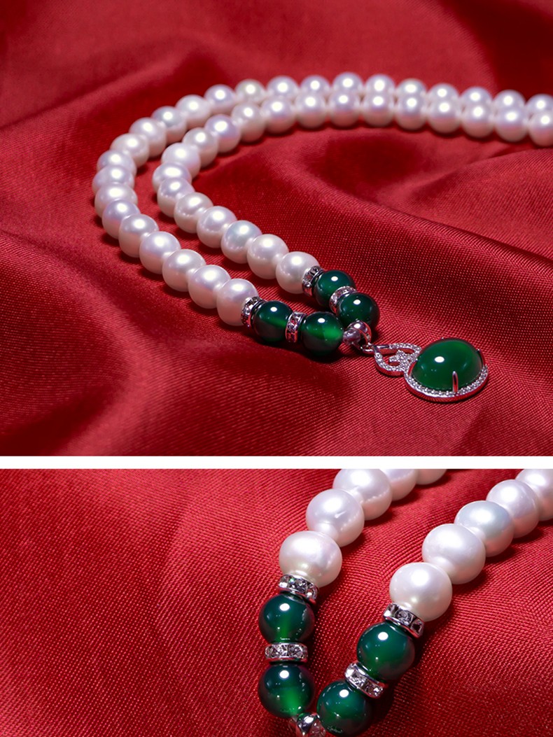 Pearl necklace for mom Gift for mom Green onyx + natural pearls + earrings Three pieces set gift box