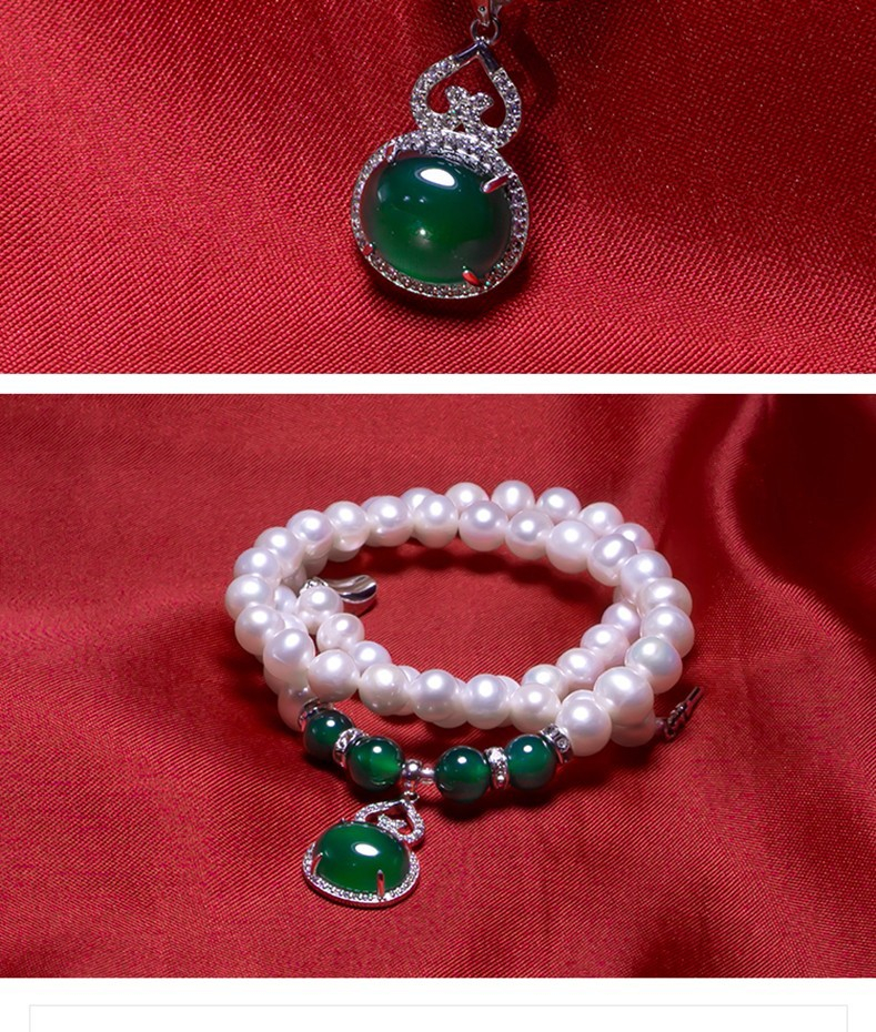 Pearl necklace for mom Gift for mom Green onyx + natural pearls + earrings Three pieces set gift box