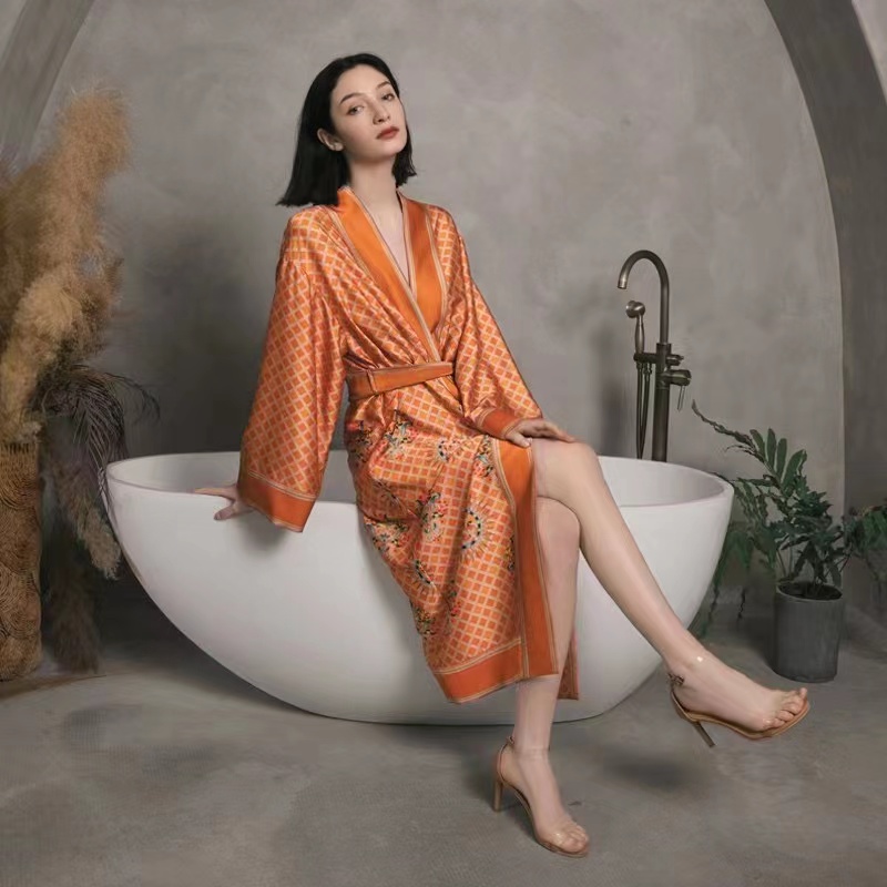 Silk robe loungewear pajamas female long silk spring and summer mulberry silk