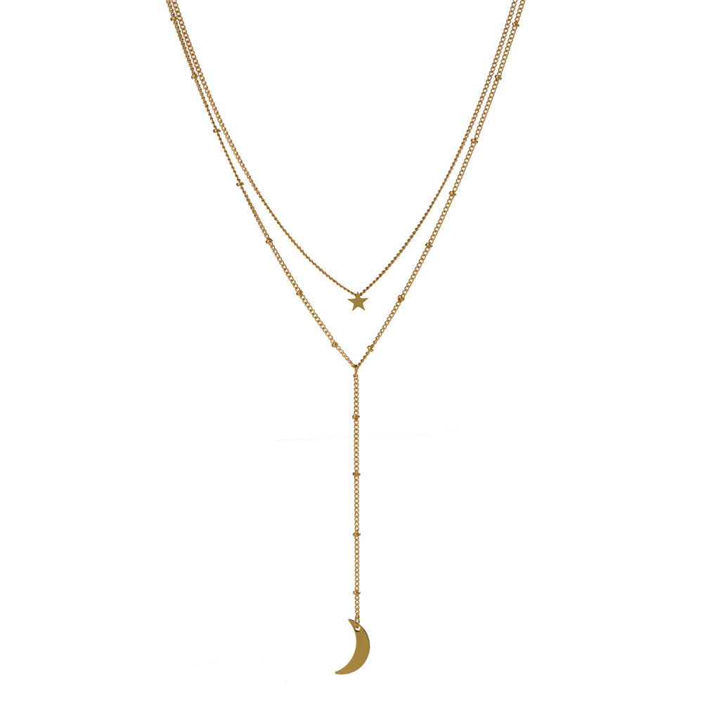 Simple wind gold small stars card neck fashion crescent long pendant multi-layer necklace