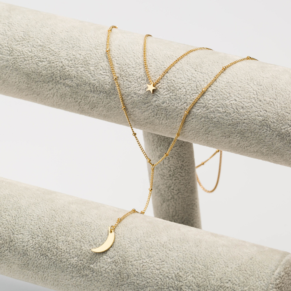 Simple wind gold small stars card neck fashion crescent long pendant multi-layer necklace