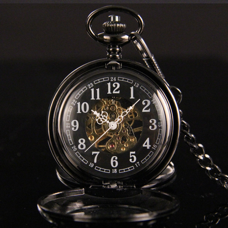 Retro double open flip mechanical pocket watch men can put photos custom engraved Roman cover Cthulhu black