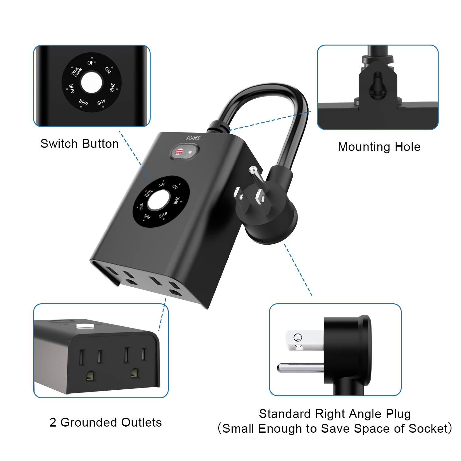 New One Outdoor Timer Lights Sensor Dusk to Dawn Waterproof Light Timer Plug 2 Outlets Weatherproof Countdown for Garden Courtyard and Home Holiday