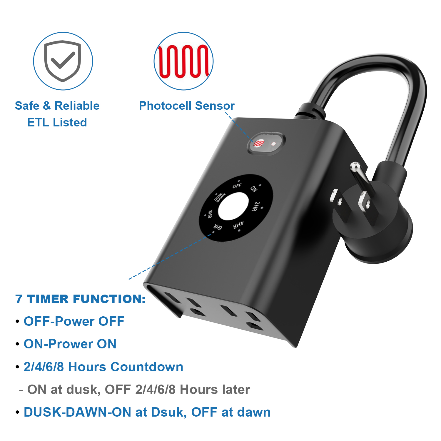 New One Outdoor Timer Lights Sensor Dusk to Dawn Waterproof Light Timer Plug 2 Outlets Weatherproof Countdown for Garden Courtyard and Home Holiday