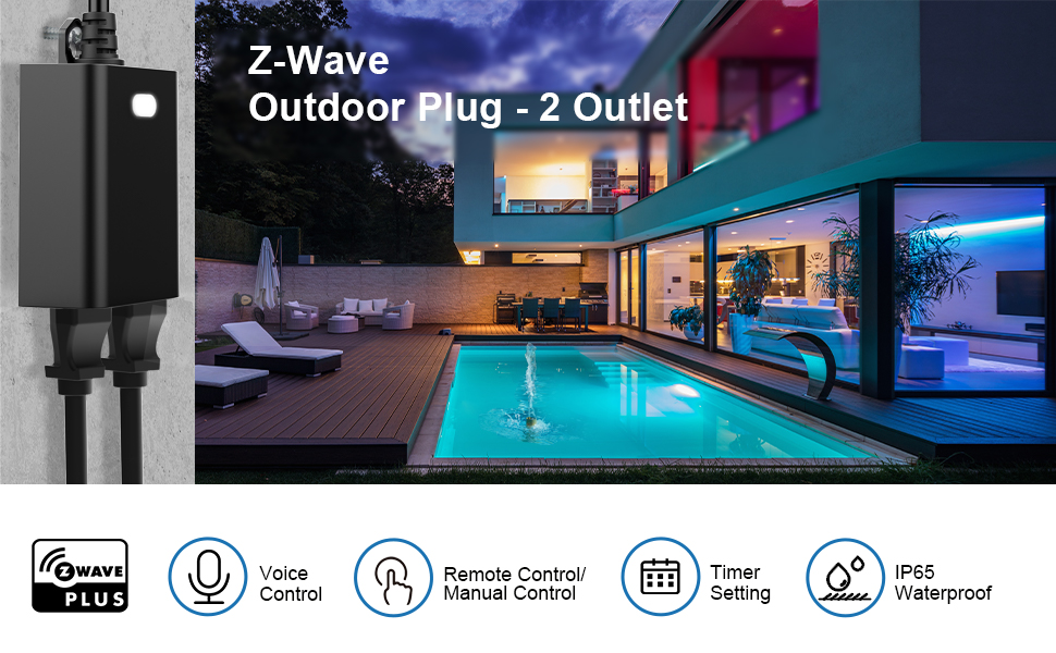 Outdoor Z-Wave Plus On/Off Light and Appliance Plug, 1 On/Off Outlet+ 1  Alway On Outlet, Zwave Hub Required, Works with SmartThings, Wink, Alexa