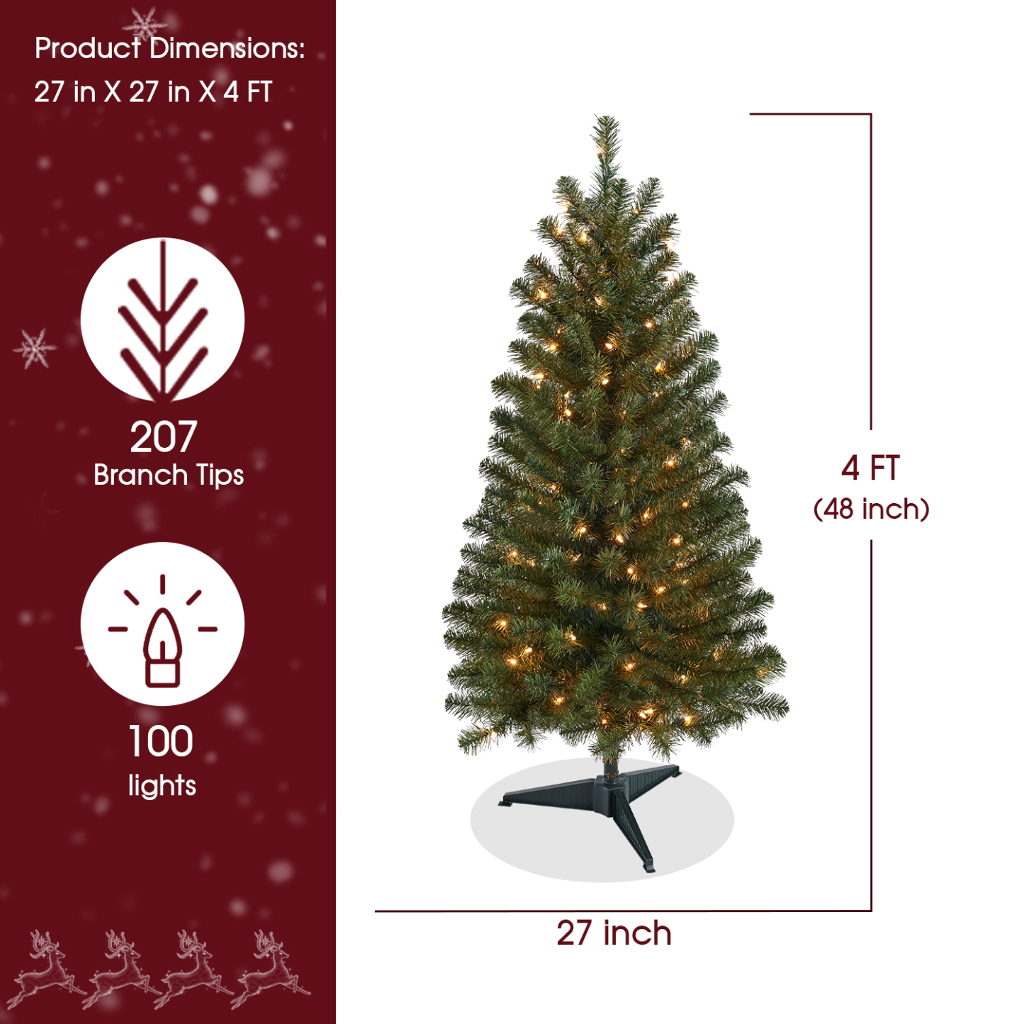 New One 4 Feet Christmas Tree with 100L Incandescent Clear Lights,Artificial Everett Pine Christmas Tree Pre-lit, 207Tips, Girth 27", Plastic Stand