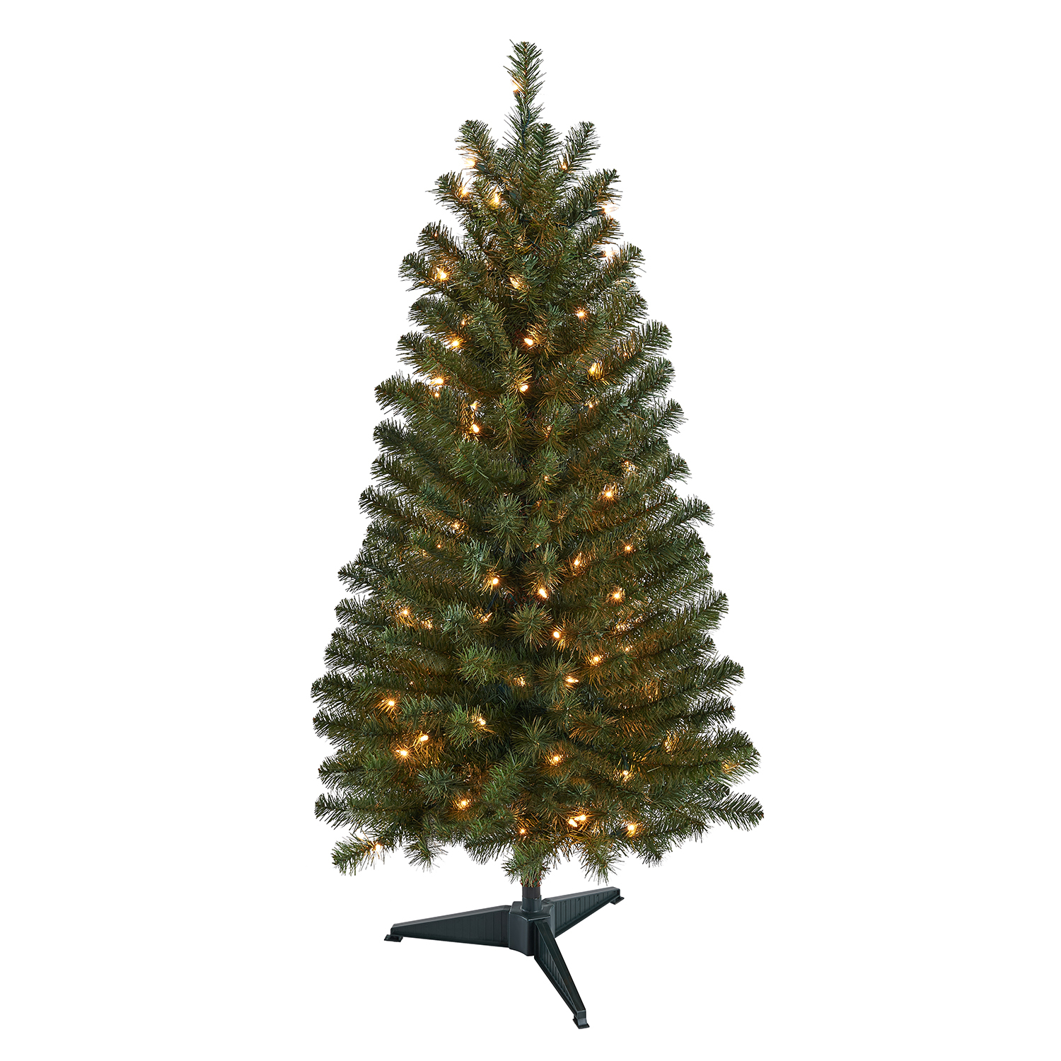 4' Everett Pine Prelit, 207Tips, Girth 27", Plastic Stand, 100L Incandescent Clear Lights