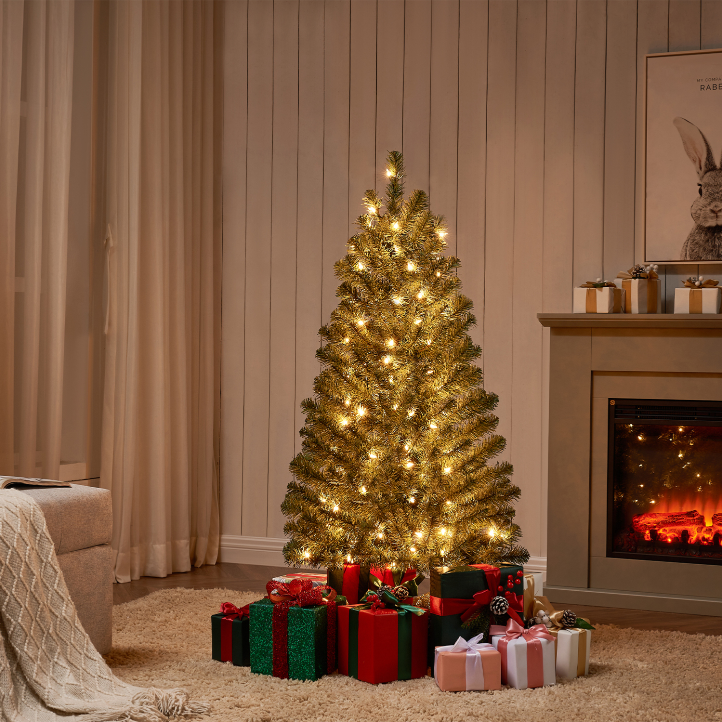 New One 4 Feet Christmas Tree with 100L Incandescent Clear Lights,Artificial Everett Pine Christmas Tree Pre-lit, 207Tips, Girth 27", Plastic Stand