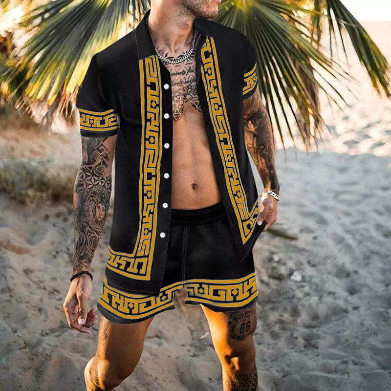 2022 Mannen Sets Print Patchwork Revers Korte Mouw Casual Shirt Strand Shorts Zomer Streetwear Vakantie Hawaiian Suits Mannen S-3XL