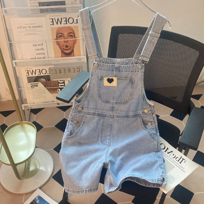GD定制~绝绝子~牛仔背带裤小个子盐甜系新款爱心贴标宽松休闲短裤