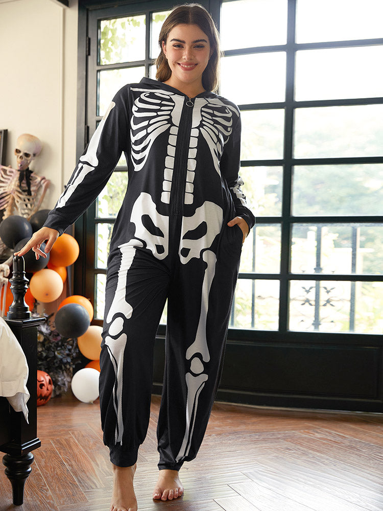 Halloween Skull Print Hooded Zipper Sleep Jumpsuit