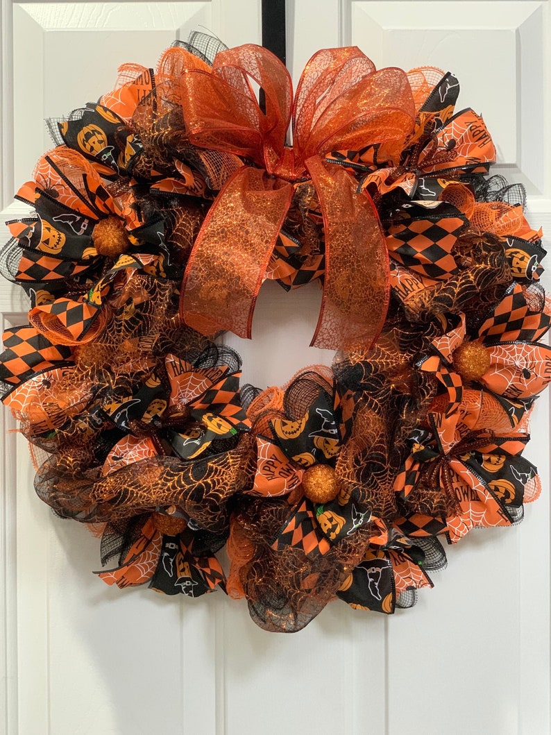 Halloween wreath, Fall wreath, black orange front door wreath, thanksgiving pumpkin wreath, Outdoor Halloween decoration, door decor