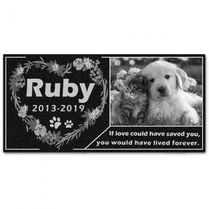 Personalized Pet Memorial Stone Granite - Engraved Grave Marker with Custom Picture - Wreath